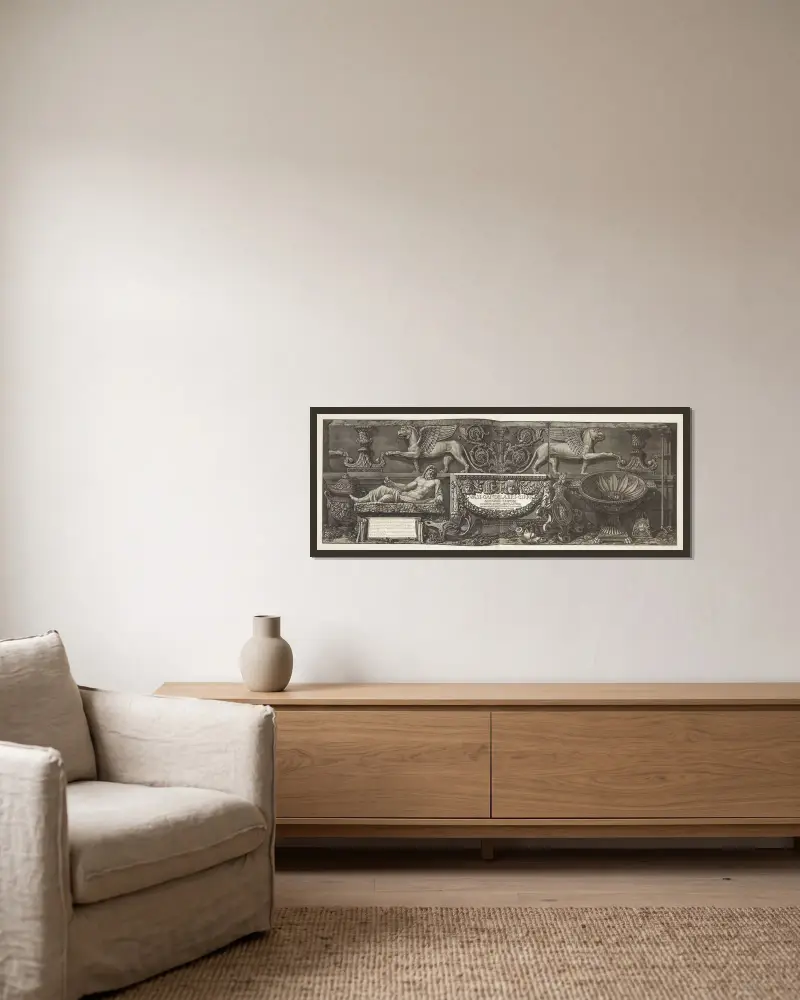 Vasi, candelabri, cippi, sarcophagi , titelblad til serien første bind av Giovanni Battista Piranesi inramad på en vägg