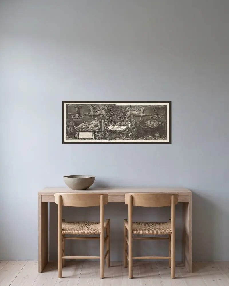 Vasi, candelabri, cippi, sarcophagi , titelblad til serien første bind av Giovanni Battista Piranesi inramad på en vägg
