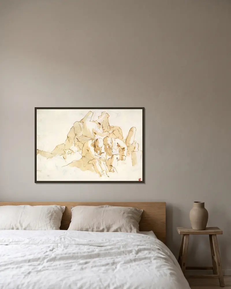 En grupp sittande punchinelli av Giovanni Battista Tiepolo inramad på en vägg