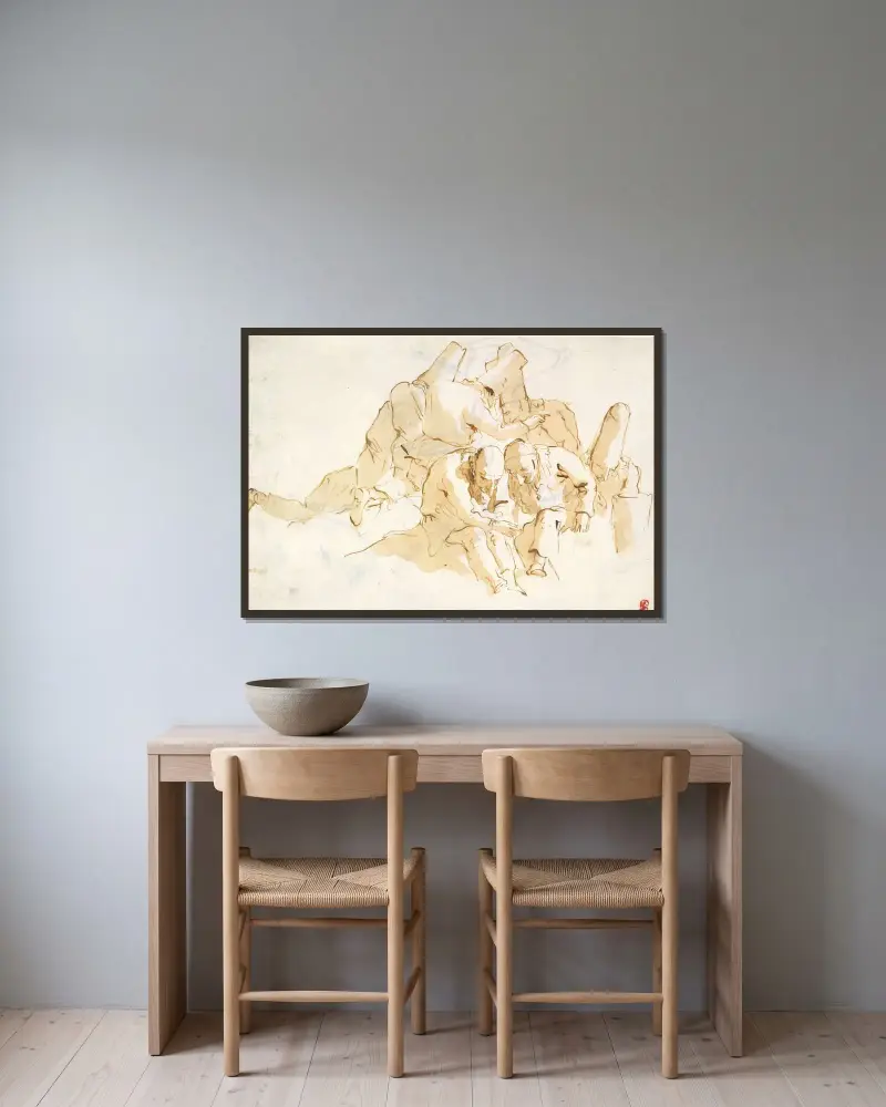 En grupp sittande punchinelli av Giovanni Battista Tiepolo inramad på en vägg