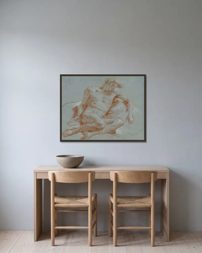 Sittande manlig nakenstudie av Giovanni Battista Tiepolo inramad på en vägg
