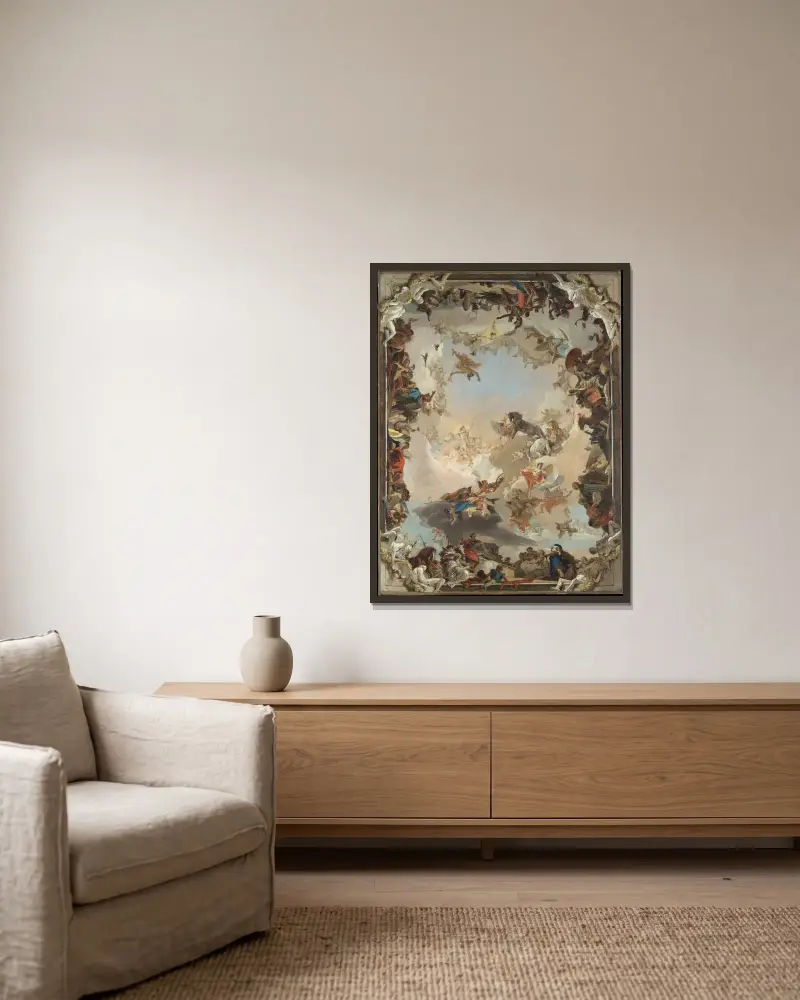 Allegori över planeterna och kontinenterna av Giovanni Battista Tiepolo inramad på en vägg