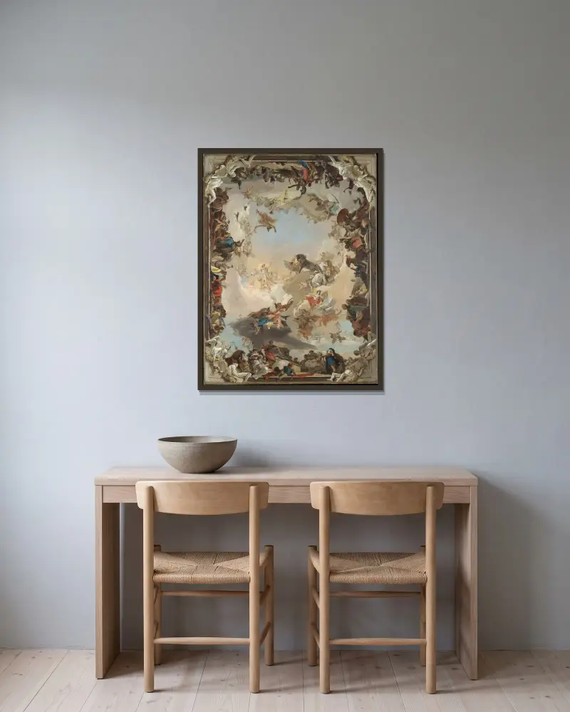 Allegori över planeterna och kontinenterna av Giovanni Battista Tiepolo inramad på en vägg