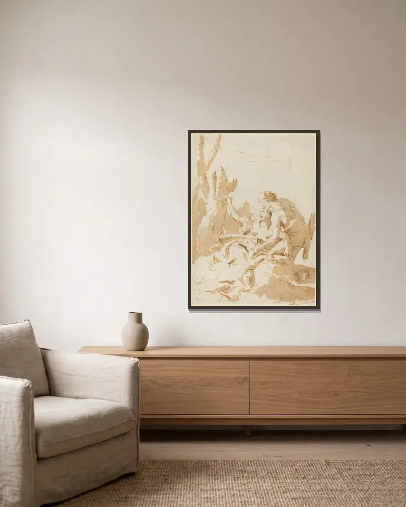 Angelica och Medoro av Giovanni Battista Tiepolo inramad på en vägg