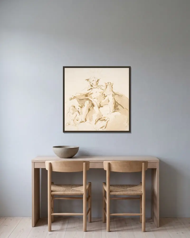 Apollo sittande på moln, två figurer till vänster av Giovanni Battista Tiepolo inramad på en vägg