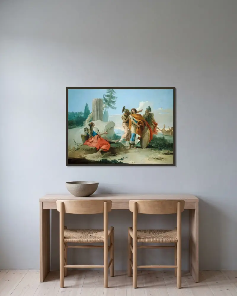 Armida övergiven av Rinaldo av Giovanni Battista Tiepolo inramad på en vägg