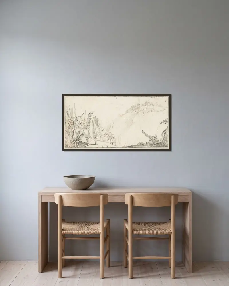 Kardinal med trupper framför en befästning på en kulle av Giovanni Battista Tiepolo inramad på en vägg
