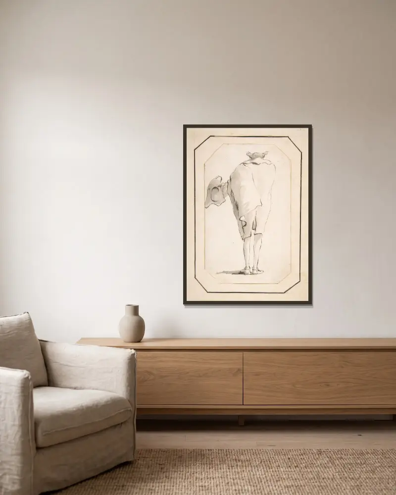 Karikatur eines Mannes mit Dreispitz, von hinten gesehen von Giovanni Battista Tiepolo gerahmt an einer Wand