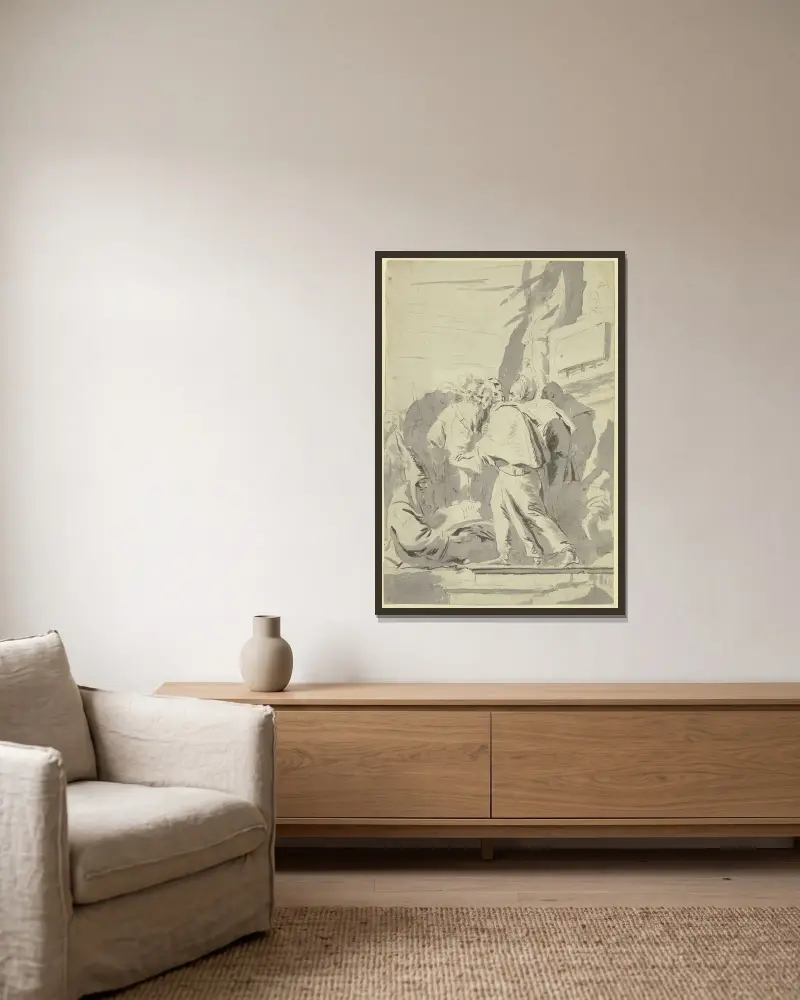 Grupp av munkar och magiker av Giovanni Battista Tiepolo inramad på en vägg
