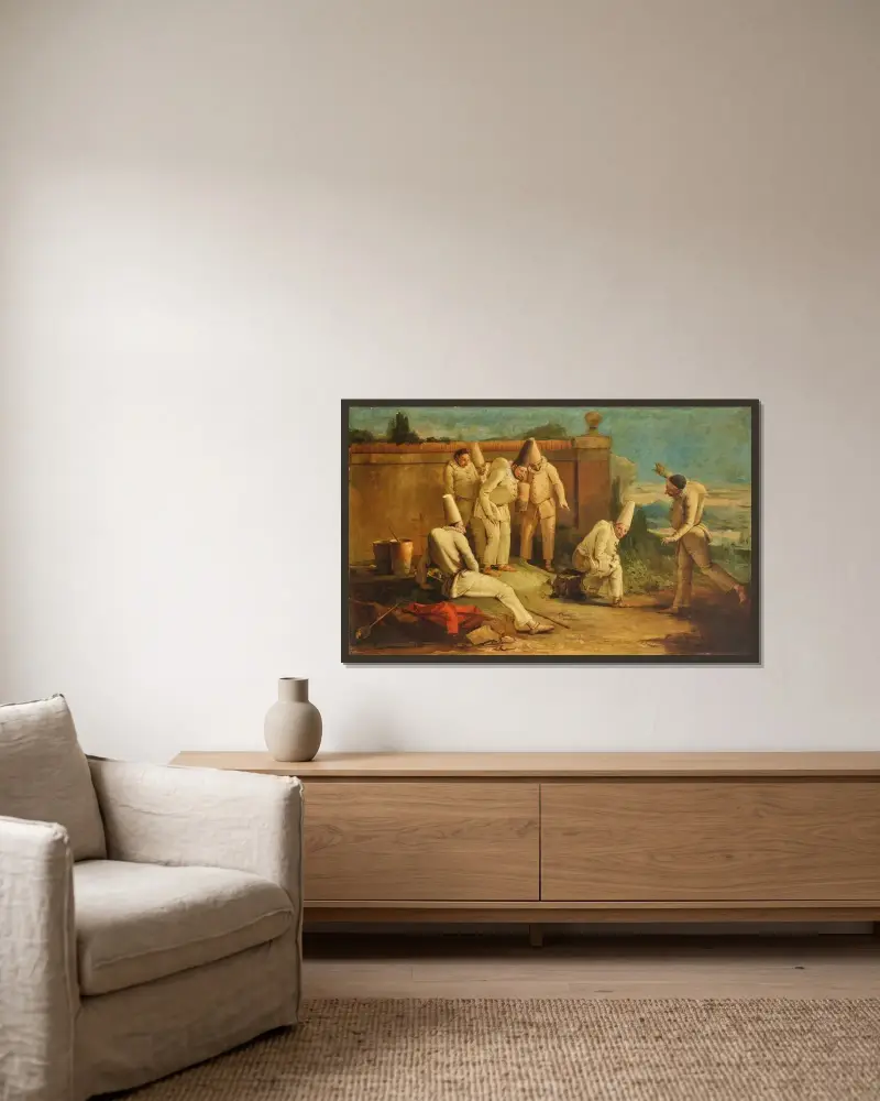 Guilty Punchinello av Giovanni Battista Tiepolo inramad på en vägg