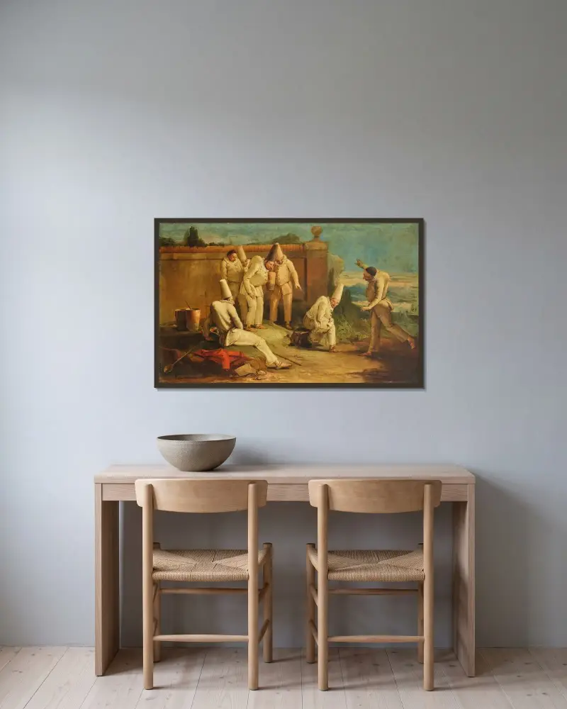 Guilty Punchinello av Giovanni Battista Tiepolo inramad på en vägg