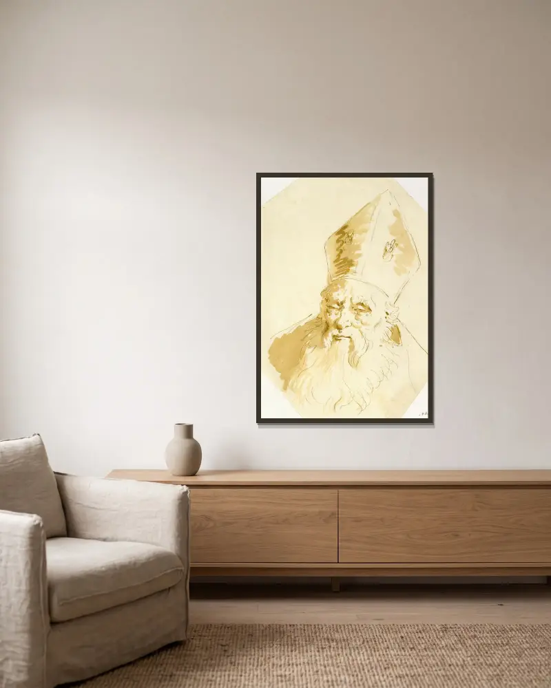 Ett biskopshuvud av Giovanni Battista Tiepolo inramad på en vägg