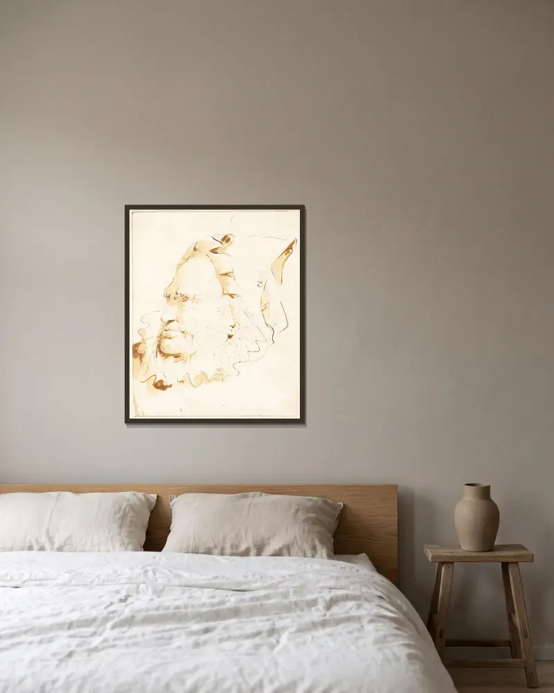 En trollkarls huvud av Giovanni Battista Tiepolo inramad på en vägg