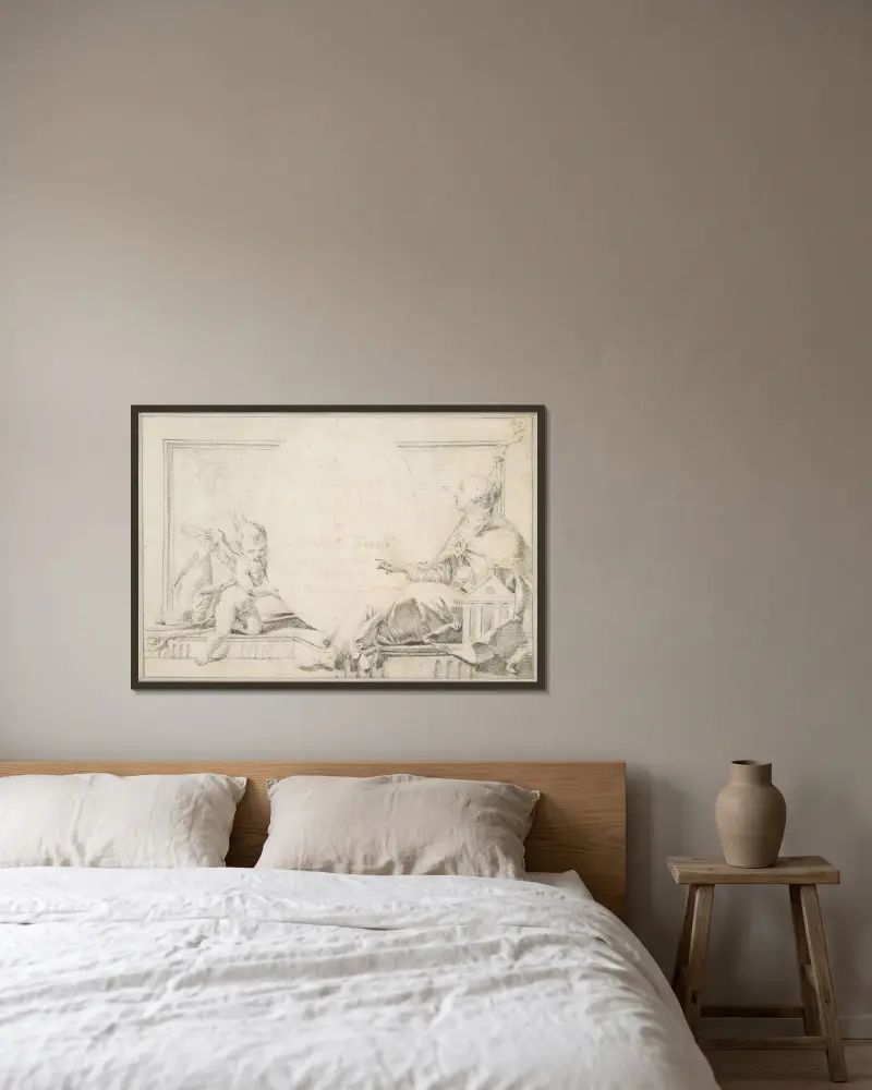 Illustration för en bok; Frontespis med en kvinnlig allegorisk figur och en putto av Giovanni Battista Tiepolo inramad på en vägg