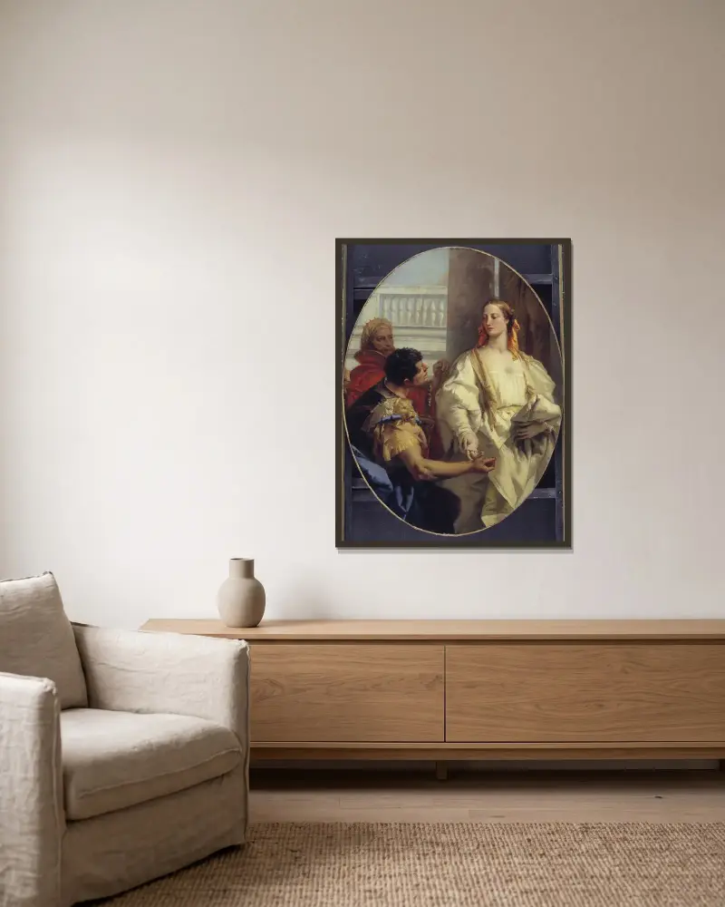 Latinus bietet seine Tochter Lavinia dem Aeneas zur Vermählung an von Giovanni Battista Tiepolo gerahmt an einer Wand
