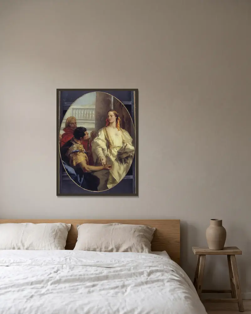 Latinus bietet seine Tochter Lavinia dem Aeneas zur Vermählung an von Giovanni Battista Tiepolo gerahmt an einer Wand