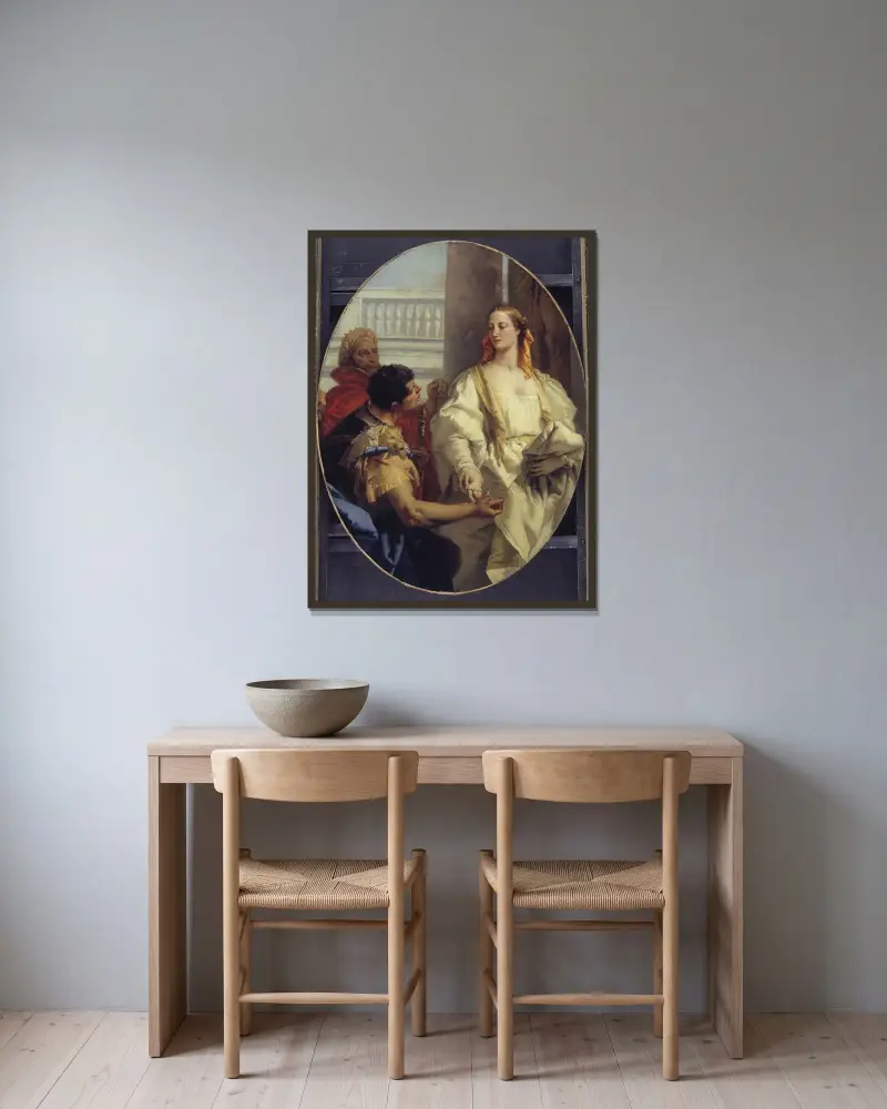 Latinus bietet seine Tochter Lavinia dem Aeneas zur Vermählung an von Giovanni Battista Tiepolo gerahmt an einer Wand