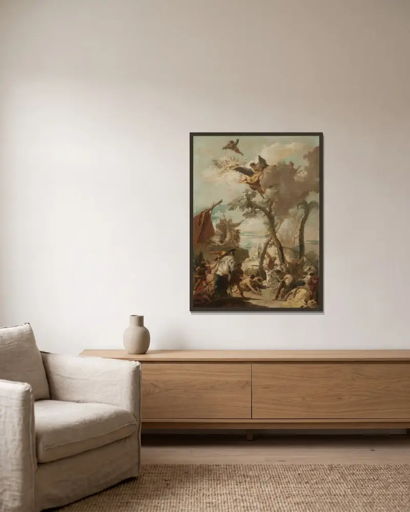 Hebréerna samlar manna i öknen (skiss) av Giovanni Battista Tiepolo inramad på en vägg