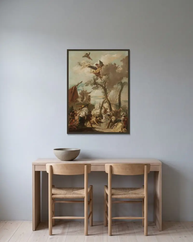 Hebréerna samlar manna i öknen (skiss) av Giovanni Battista Tiepolo inramad på en vägg