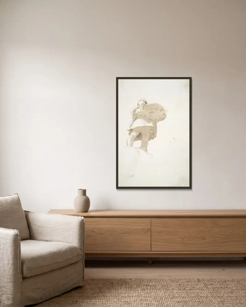 Männliche Figur mit einem Tablett, von unten gesehen von Giovanni Battista Tiepolo gerahmt an einer Wand