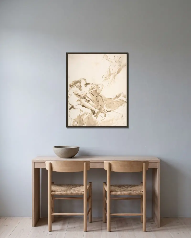 Merkurius träder fram för en havsgud och en nymf av Giovanni Battista Tiepolo inramad på en vägg