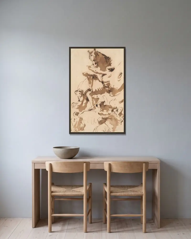 Eine der Horen, die das Pferd der Sonne am Zügel hält, und andere Figuren von Giovanni Battista Tiepolo gerahmt an einer Wand