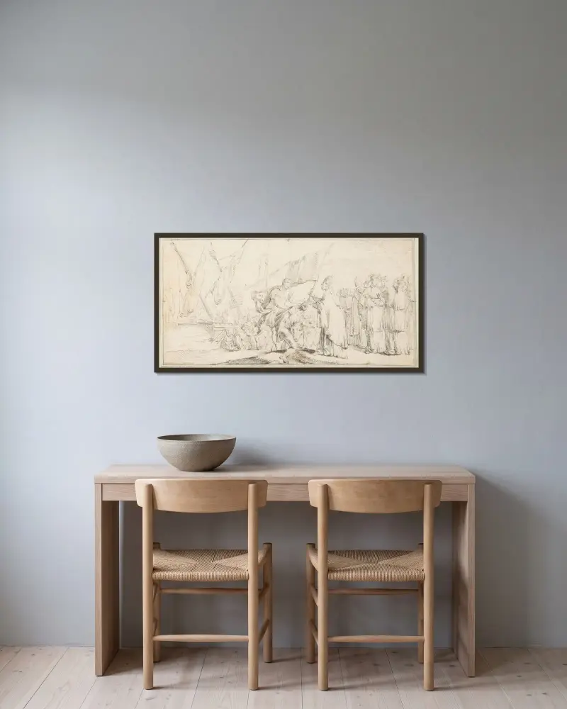 Påven överlämnar en fana till en korsriddare, med skepp i bakgrunden av Giovanni Battista Tiepolo inramad på en vägg