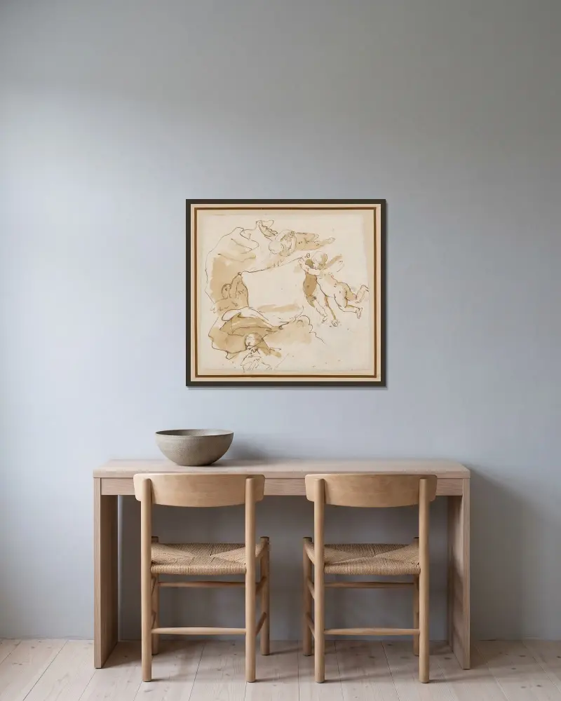 Putti som bär en fana av Giovanni Battista Tiepolo inramad på en vägg