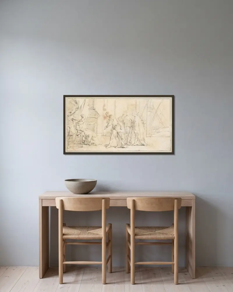 Die Königin der Hafenstadt empfängt Gesandte von Giovanni Battista Tiepolo gerahmt an einer Wand