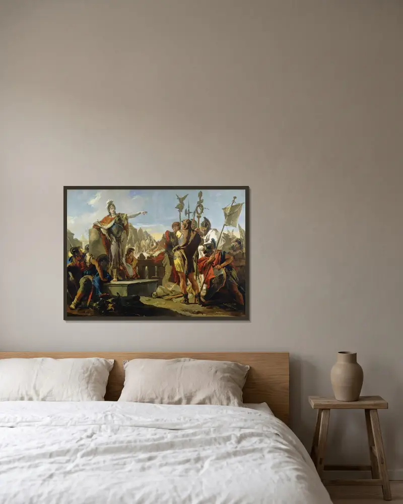 Drottning Zenobia talar till sina soldater av Giovanni Battista Tiepolo inramad på en vägg