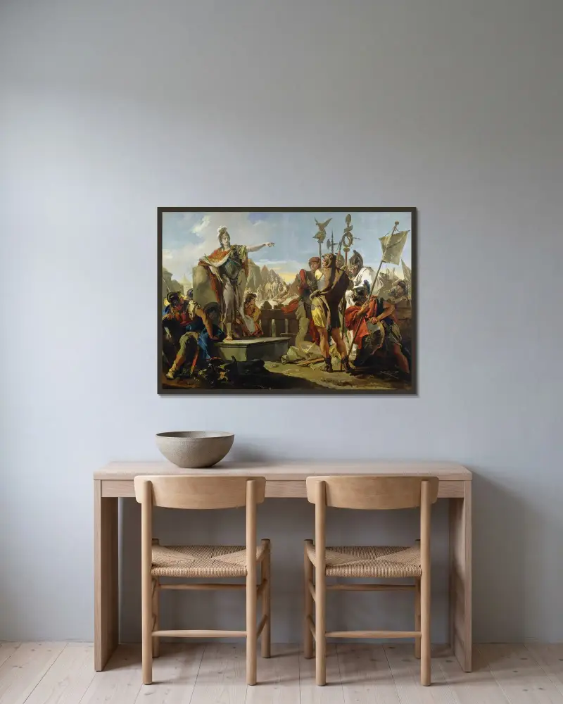 Drottning Zenobia talar till sina soldater av Giovanni Battista Tiepolo inramad på en vägg