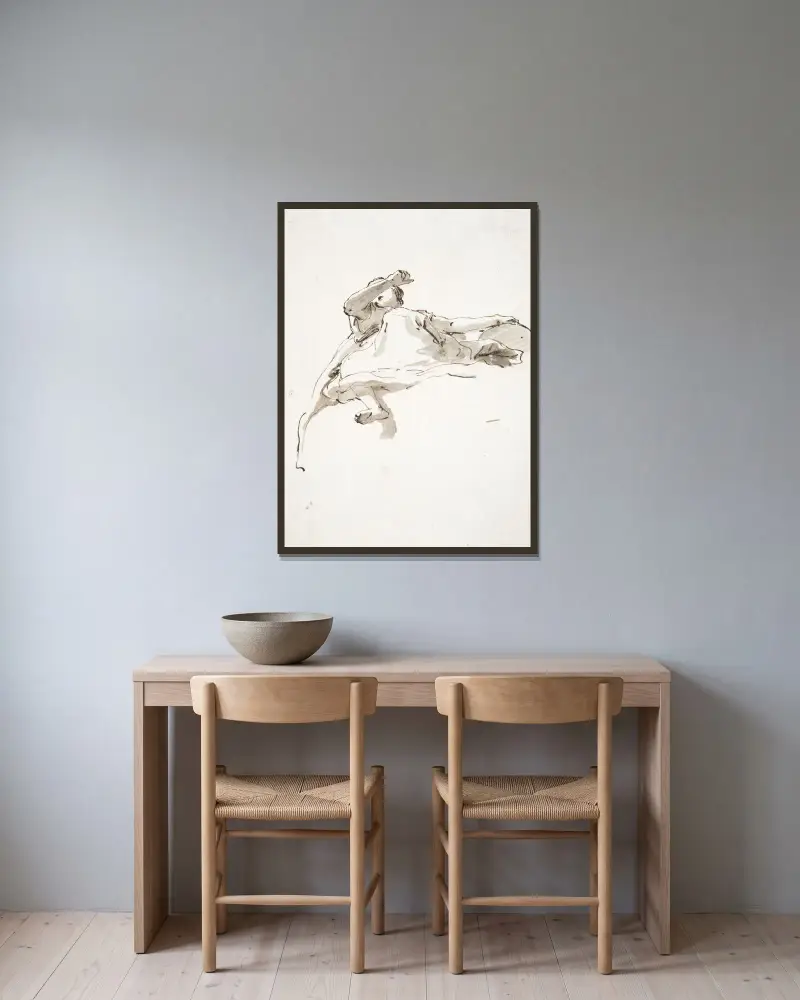 Liegende weibliche Figur, linke Hand auf einer Kugel, rechter Arm vor dem Gesicht erhoben, von unten gesehen von Giovanni Battista Tiepolo gerahmt an einer Wand
