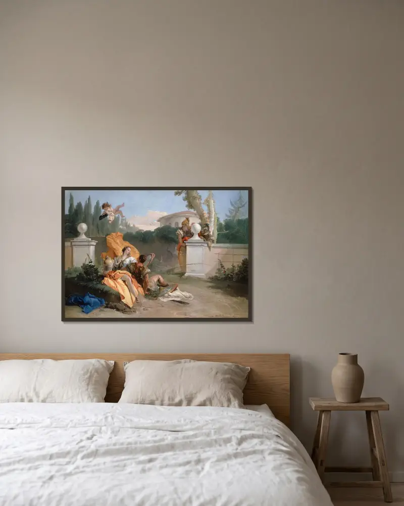 Rinaldo och Armida i hennes trädgård av Giovanni Battista Tiepolo inramad på en vägg