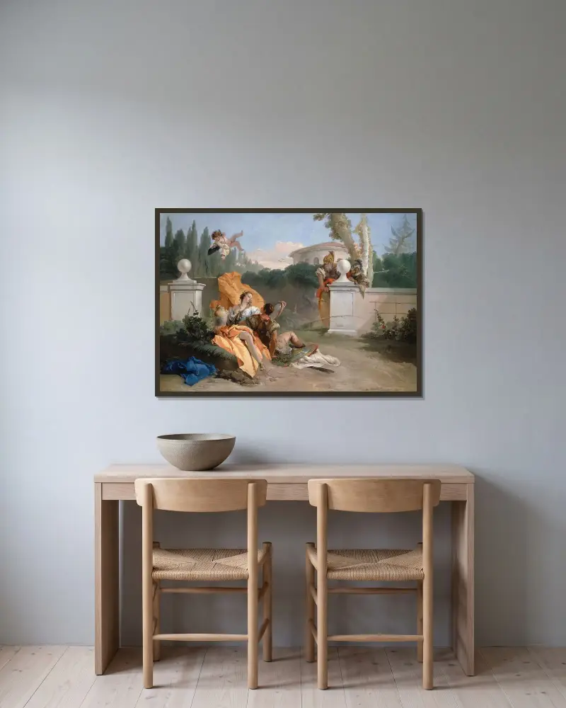 Rinaldo och Armida i hennes trädgård av Giovanni Battista Tiepolo inramad på en vägg