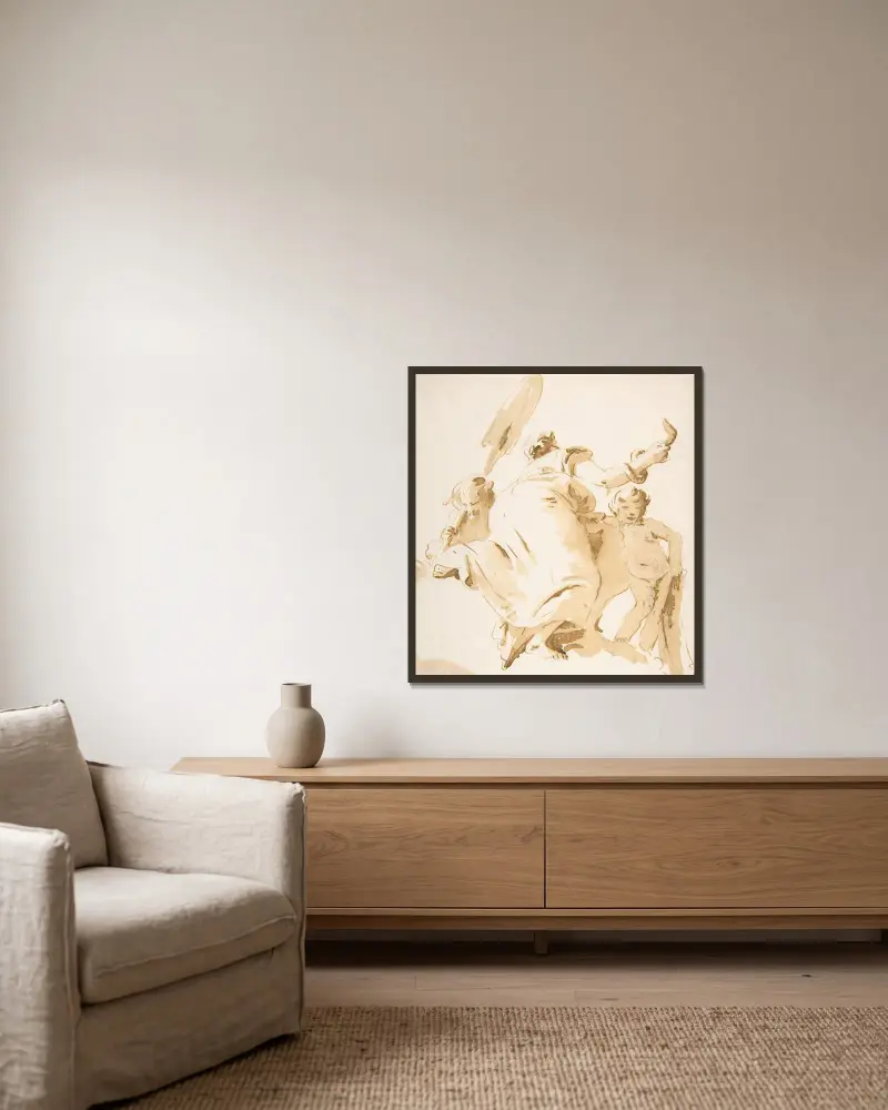 Flodgud med åra, kvinna med orm och stående naken pojke av Giovanni Battista Tiepolo inramad på en vägg
