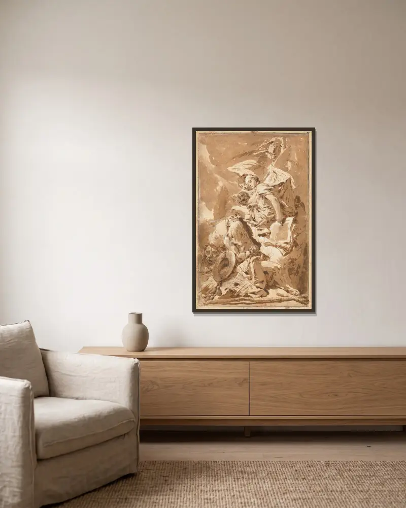 Der heilige Hieronymus in der Wüste, den Engeln lauschend von Giovanni Battista Tiepolo gerahmt an einer Wand