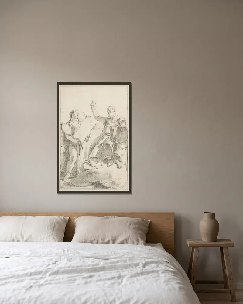Sankt Lukas med en kvinnlig allegorisk figur av Giovanni Battista Tiepolo inramad på en vägg