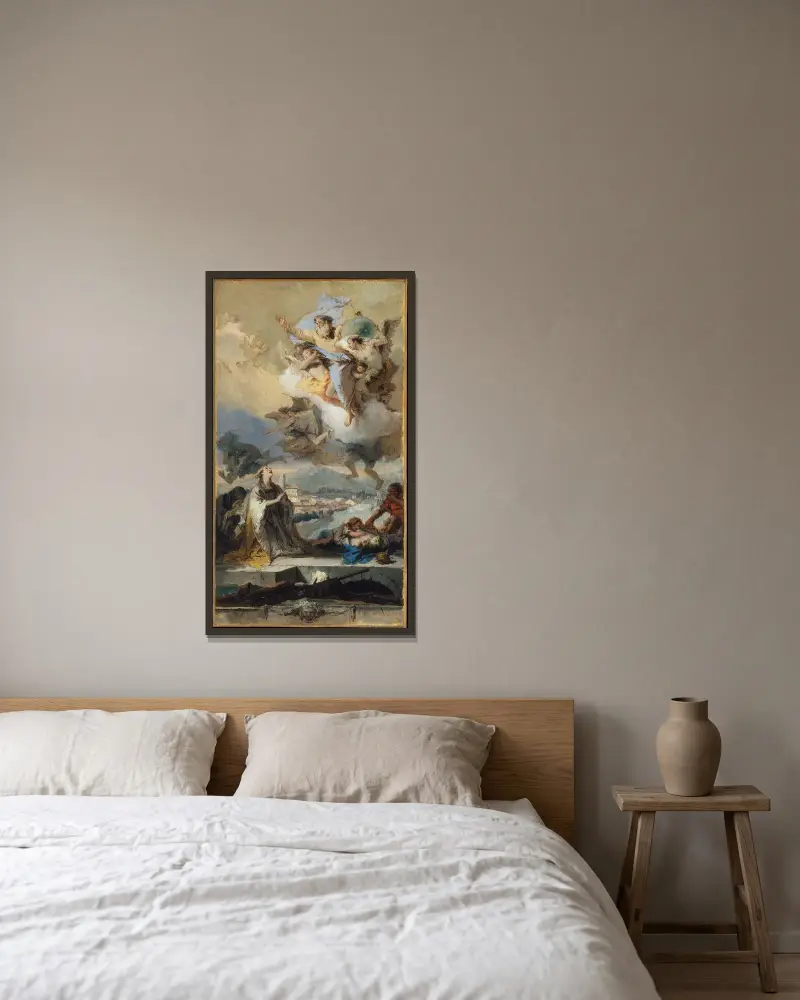 Den heliga Thecla ber för de pestsmittade av Giovanni Battista Tiepolo inramad på en vägg