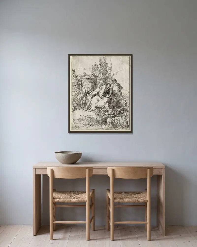 Scherzi di Fantasia; Sitzender Magier, Junge und vier Figuren von Giovanni Battista Tiepolo gerahmt an einer Wand