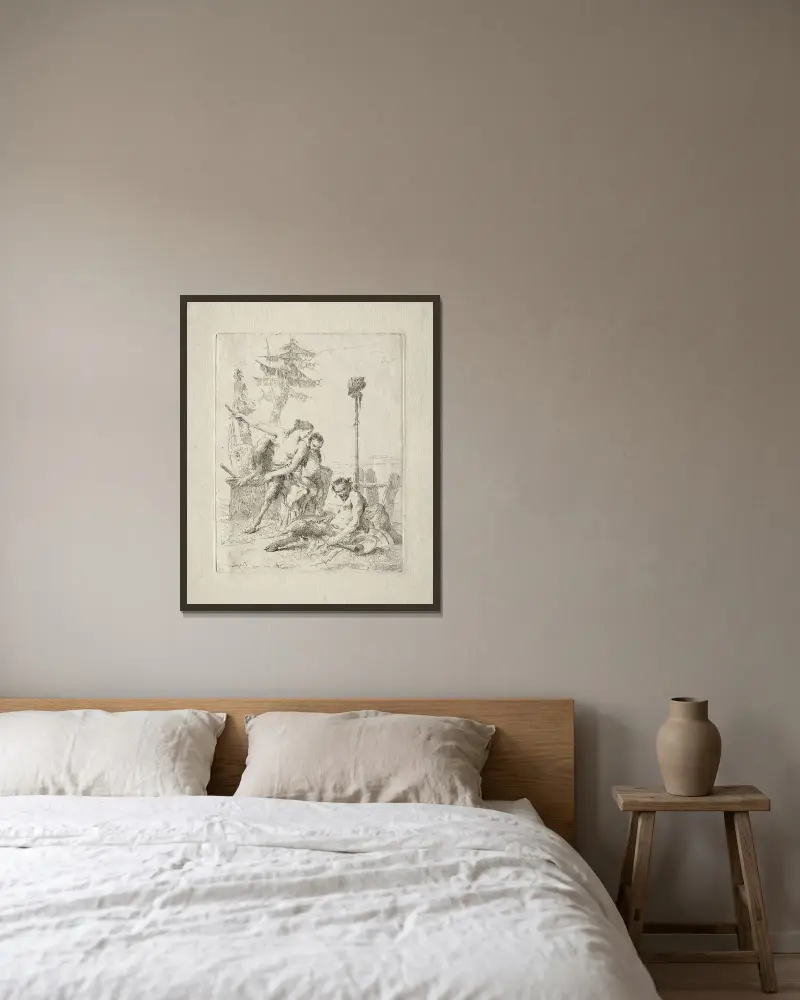 Scherzi di Fantasia: Der fröhliche Satyr und seine Familie von Giovanni Battista Tiepolo gerahmt an einer Wand