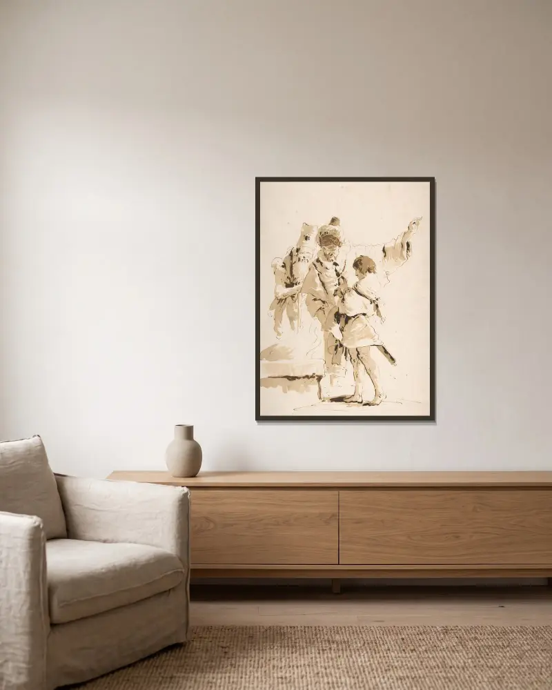 Scherzo di Fantasia; Two Standing Orientals and a Standing Youth with a Sword av Giovanni Battista Tiepolo inramad på en vägg