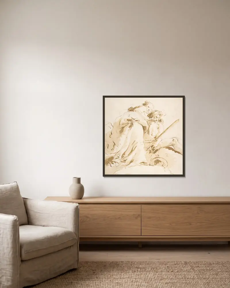 Sittande flodgud och stående kvinnlig tjänare av Giovanni Battista Tiepolo inramad på en vägg