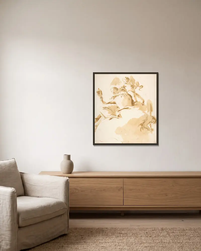 Sitzende Frau mit geflügeltem Putto von Giovanni Battista Tiepolo gerahmt an einer Wand