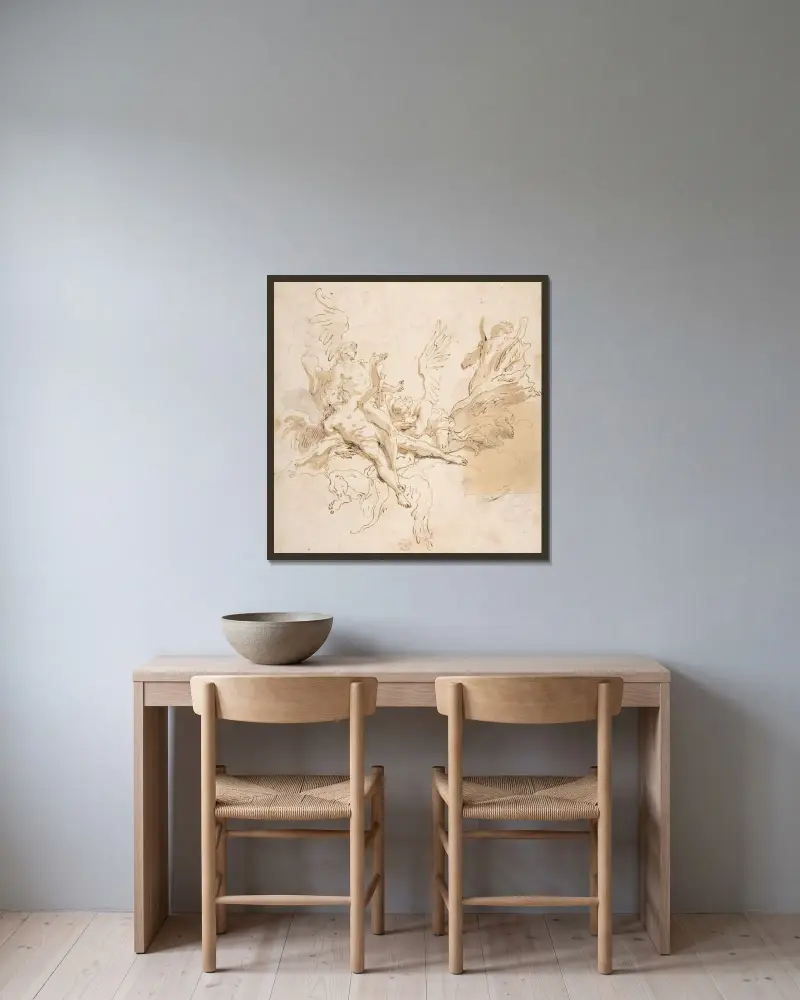 Studieblad med fem änglar av Giovanni Battista Tiepolo inramad på en vägg