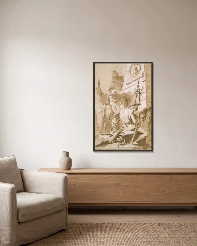 Soldater kring ett monument av Giovanni Battista Tiepolo inramad på en vägg