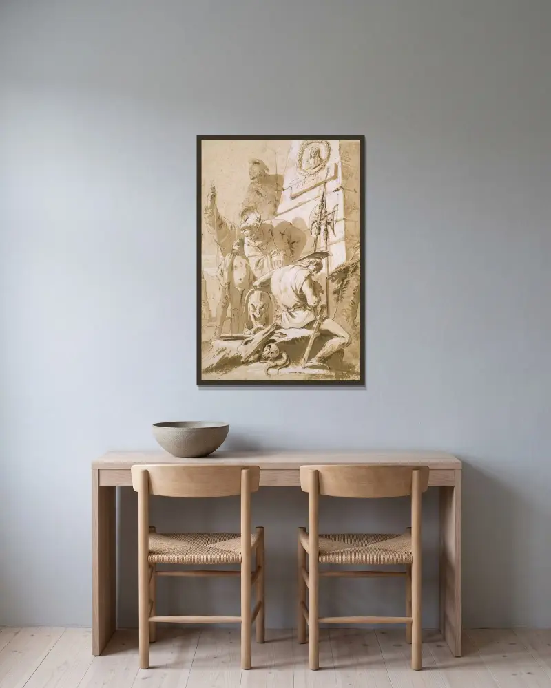 Soldater kring ett monument av Giovanni Battista Tiepolo inramad på en vägg