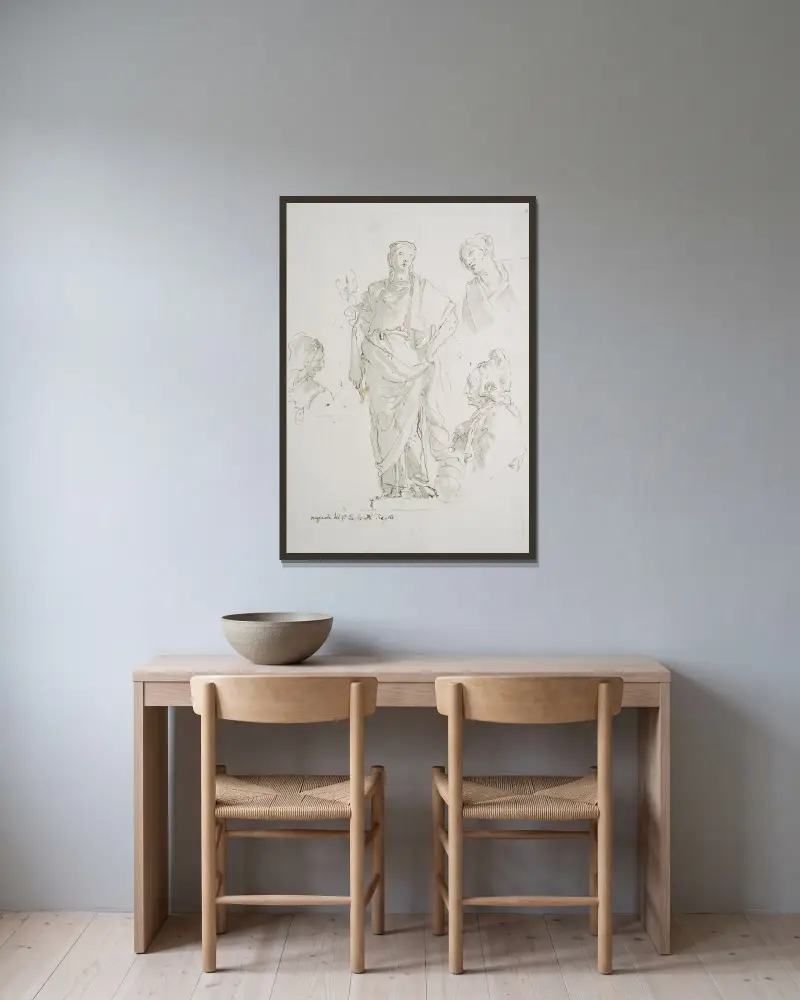 Stehende weibliche Figur auf einem Sockel und drei Kopfstudien von Giovanni Battista Tiepolo gerahmt an einer Wand