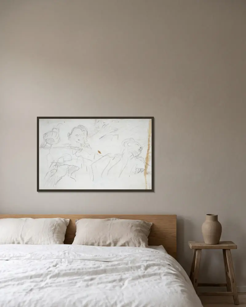 Studieblad; tre figurer och en arm av Giovanni Battista Tiepolo inramad på en vägg