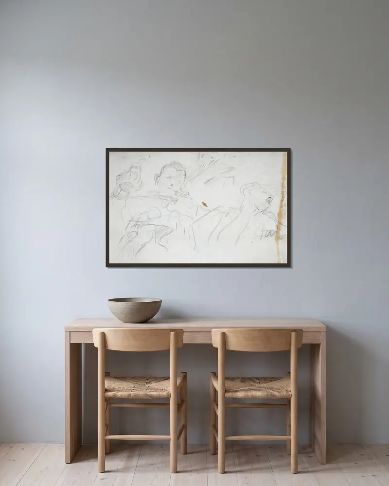 Studieblad; tre figurer och en arm av Giovanni Battista Tiepolo inramad på en vägg