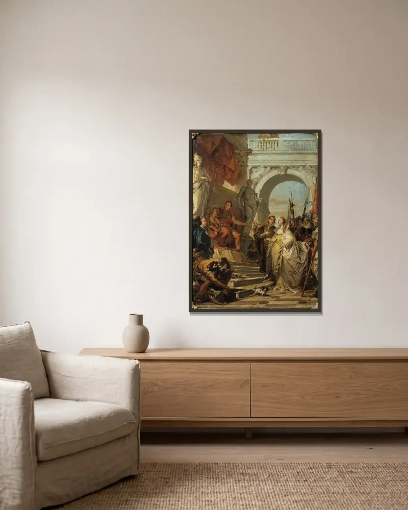 Scipios ädelmod av Giovanni Battista Tiepolo inramad på en vägg